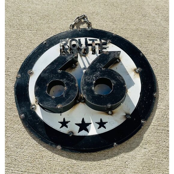 Route 66 Distressed Metal Wall Art Sign Chain Hanging  Vintage-Inspired Black & - Picture 5 of 9